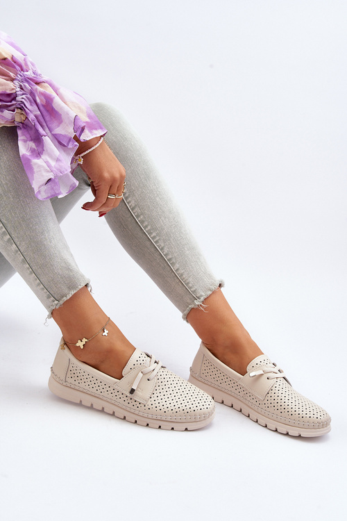 Skórzane Półbuty Damskie Ażurowe Beżowe Darnissa