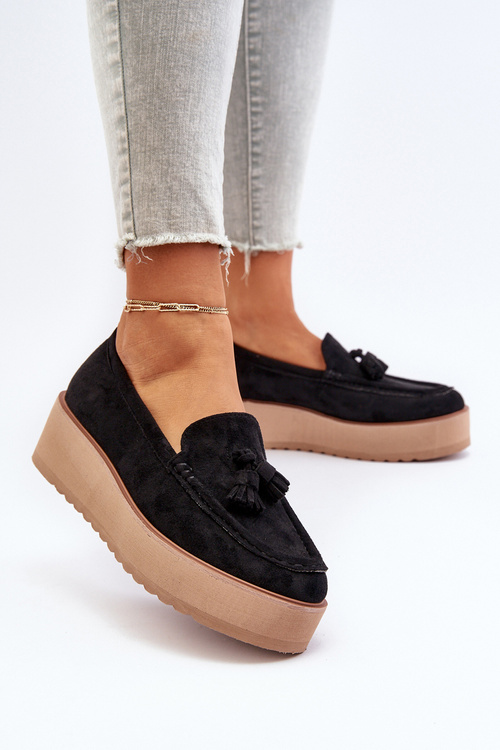 Mokasyny Damskie Na Platformie Z Frędzlami Czarne Mialani