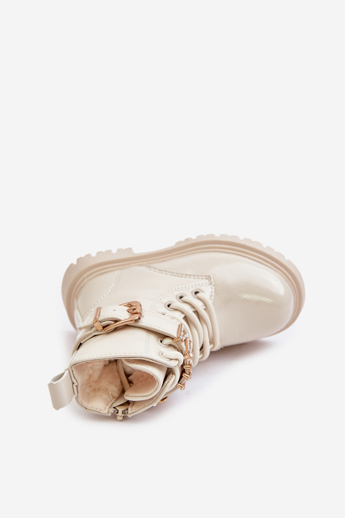 Botki Dziewczęce Lakierowane Ocieplane Z Ozdobnym Paskiem Beżowe Gilian