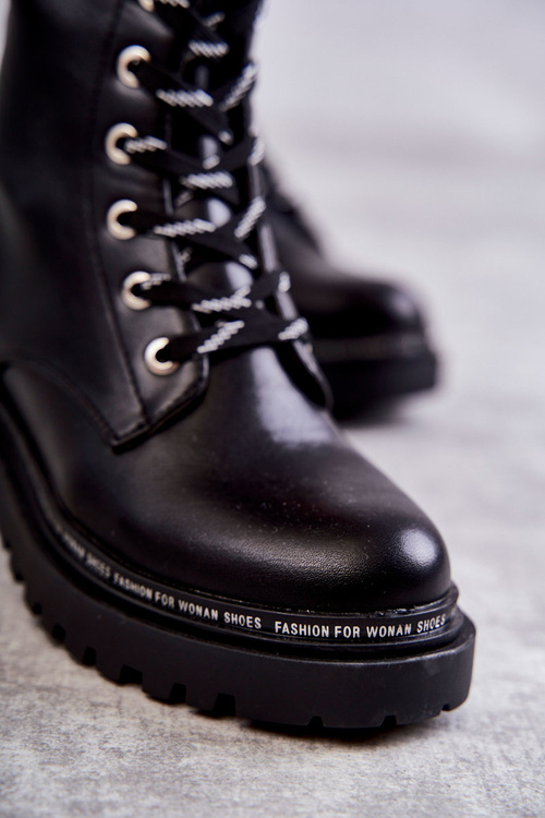 Wysokie Ocieplane Damskie Botki Wiązane Czarne Darla