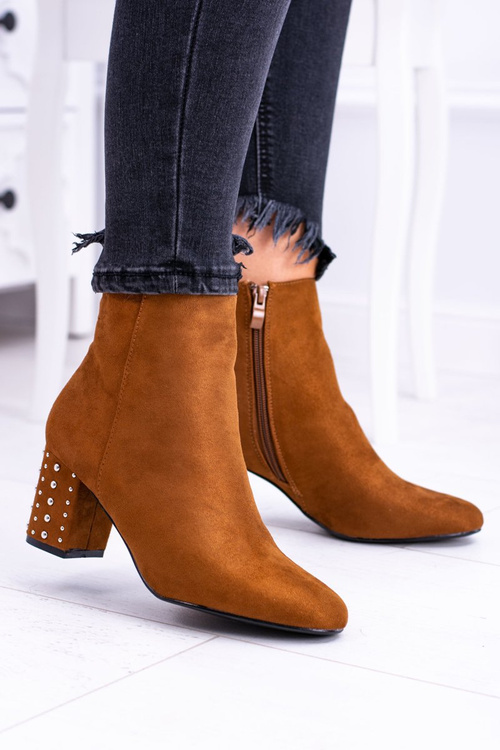 Ciepłe Damskie Botki Na Słupku Brązowe Jokasta