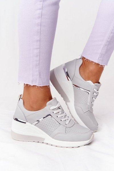 Skórzane Sneakersy Na Koturnie S.Barski Szare