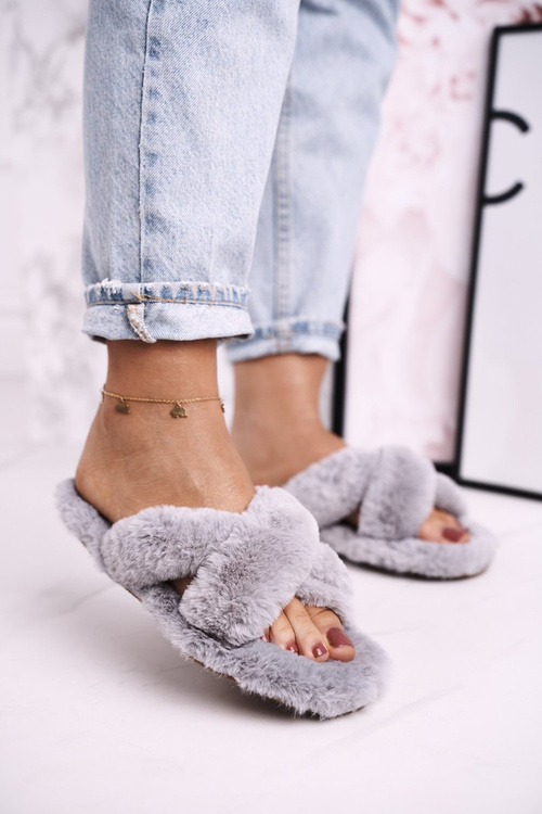 Damskie Klapki Papcie Futrzane Szare Cozy Time