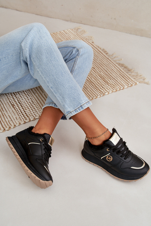 Buty Sportowe Damskie Ocieplane Futerkiem Na Platformie Czarne Lerisas