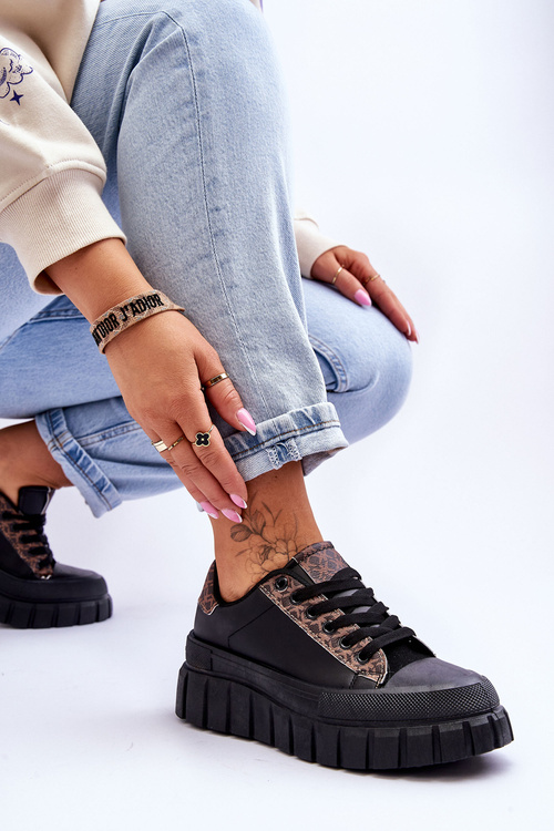 Damskie Skórzane Buty Sportowe Na Platformie Czarne Alison