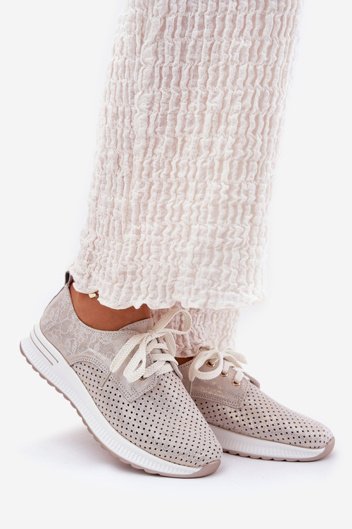 Skórzane Lekkie Półbuty Damskie Na Platformie Artiker 56C2113 Beżowo-Złote