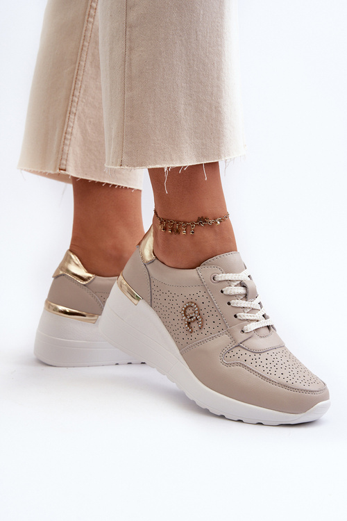 Damskie Skórzane Sneakersy Na Koturnie Beżowe S.Barski LR810