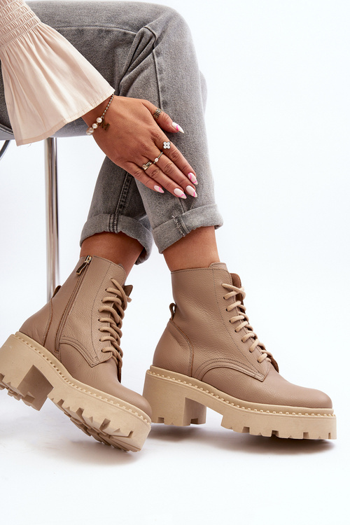 Zazoo 3413 Damskie Skórzane Botki Workery Na Masywnym Obcasie Beżowe
