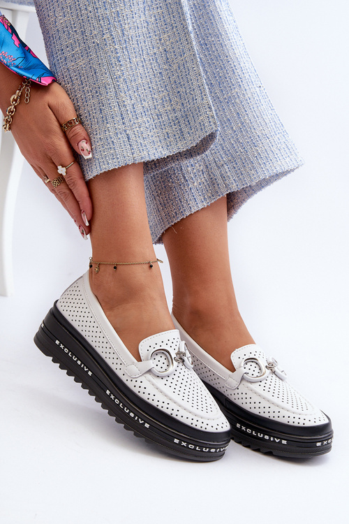 Skórzane Mokasyny Damskie Na Platformie Z Ozdobą S.Barski LR750 Białe