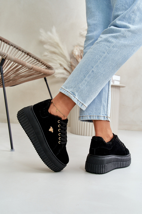 Sneakersy Damskie Ocieplane Na Masywnej Podeszwie Ze Złotym Detalem Czarne Lotira