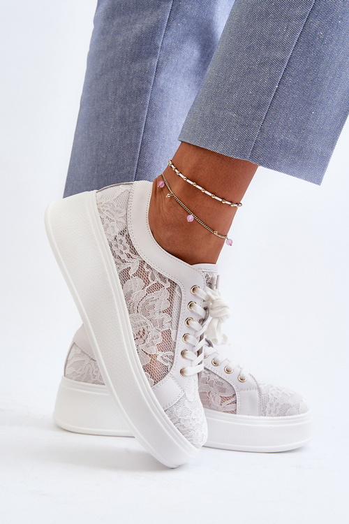 Koronkowe Sneakersy Damskie Na Platformie S.Barski HY51-059 Białe
