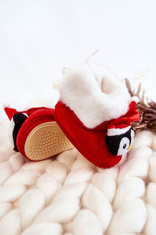 Dziecięce Ocieplane Papcie Pingwin Czerwone