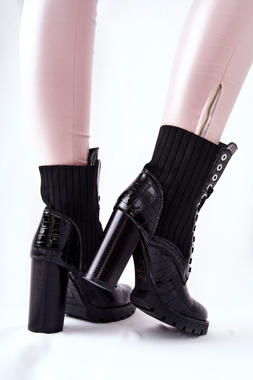 Damskie Botki Na Słupku Wysokie Wzór Krokodyla Czarne Erdogan