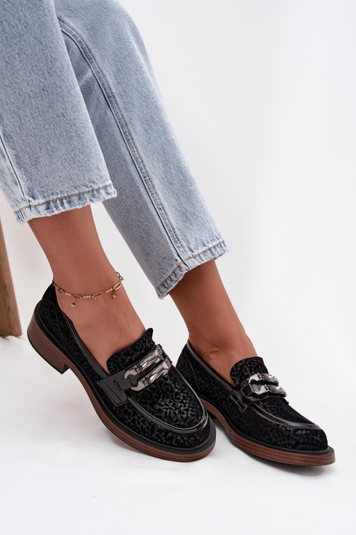 Zamszowe Mokasyny Damskie Z Ozdobą D&A MR52-176 Czarne