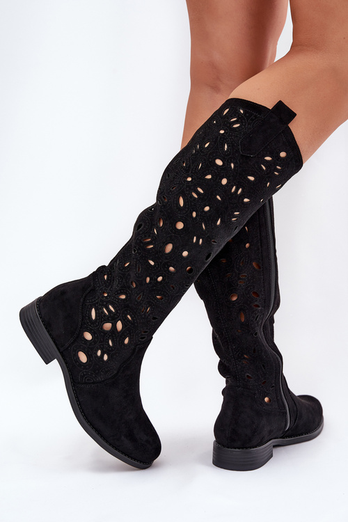 Ażurowe Kozaki Na Płaskim Obcasie HY51-176 Czarne