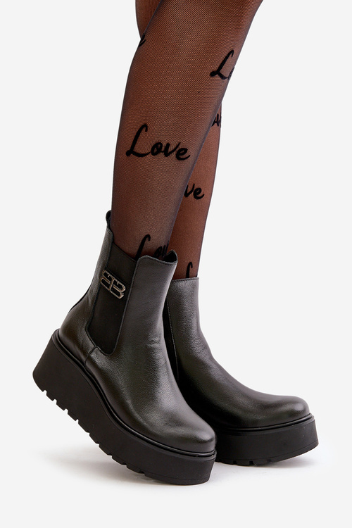 Zazoo 60498 Damskie Skórzane Botki Sztyblety Na Platformie I Koturnie Czarne