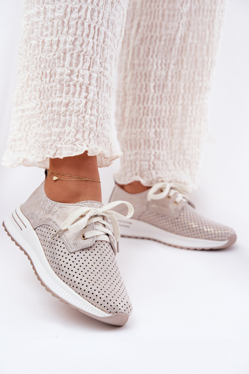 Skórzane Lekkie Półbuty Damskie Na Platformie Artiker 56C2113 Beżowo-Złote