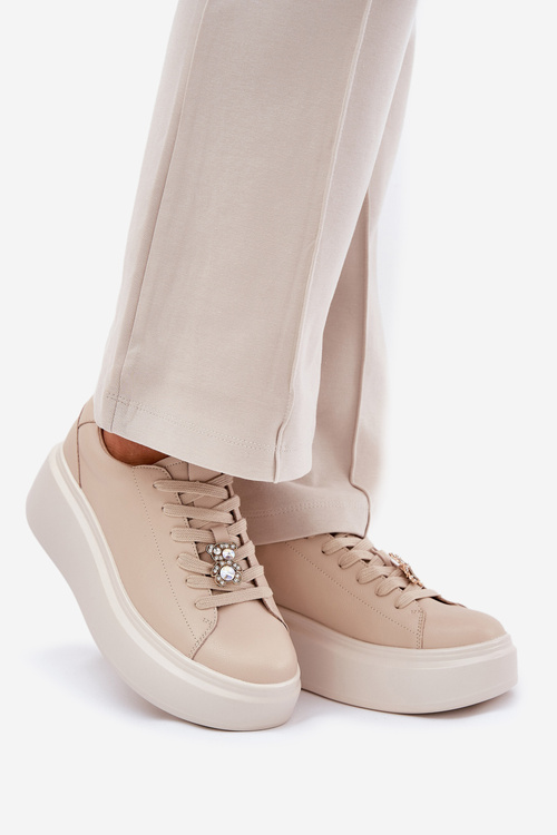 Skórzane Buty Sportowe Damskie Na Platformie Z Przypinką Vinceza 39922 Beżowe