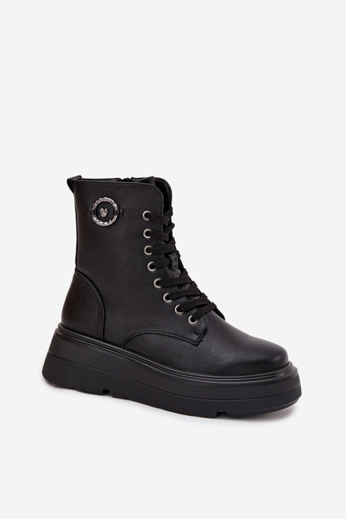 Botki Workery Damskie Ocieplane Na Platformie Z Ozdobnym Detalem Vinceza 16513 Czarne