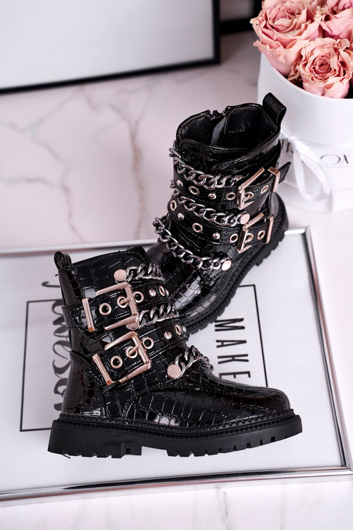 Dziecięce Botki Ocieplane z Klamrami Print Czarne Fun Time