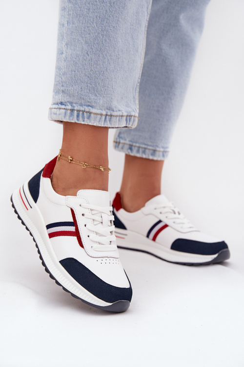 Buty Sportowe Skórzane Damskie Biało-Granatowe Lorvessa