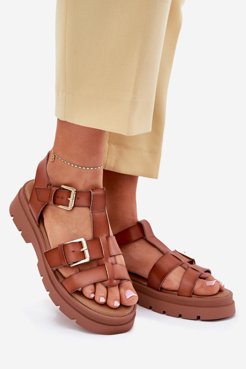 Eko Skórzane Sandały Damskie Z Klamrami Camel Mireza