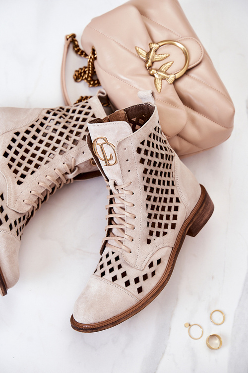 Zazoo 2695 Botki Skórzane Ażurowe Na Suwak Jasnobeżowe