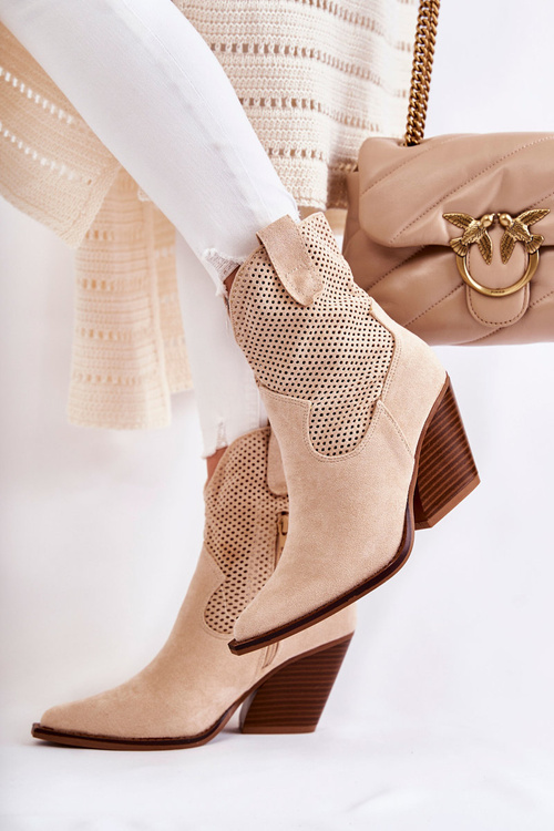 Damskie Zamszowe Ażurowe Botki Kowbojki Beżowe Eleonore