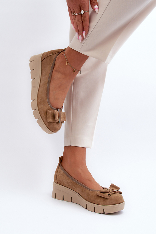 Baleriny Skórzane Na Platformie Z Ozdobą Ciemno Beżowe Lewski 3384