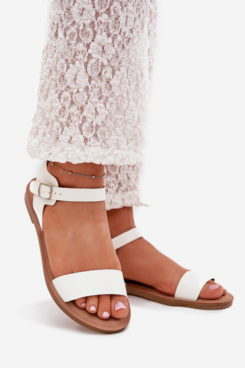 Sandały Damskie Na Płaskim Obcasie Eko Skórzane Białe Kivara