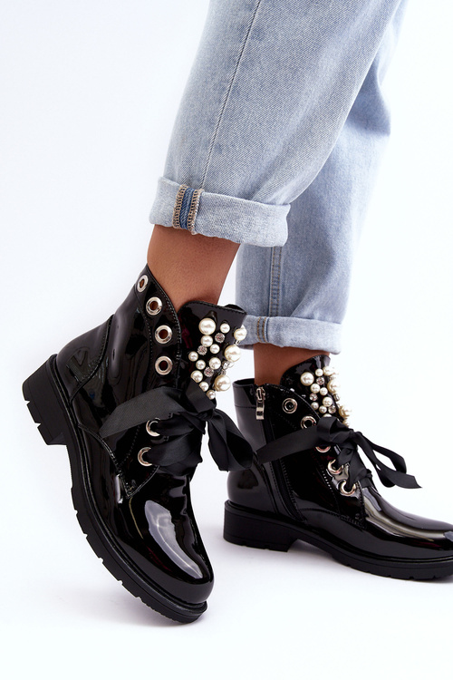 Lakierowane Zdobione Botki Czarne Sirdre