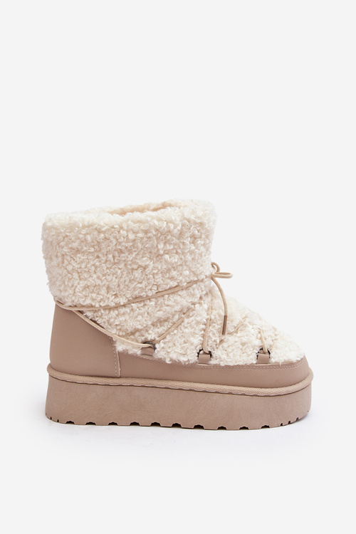 Wiązane Śniegowce Damskie Na Grubej Podeszwie Beżowe Loso