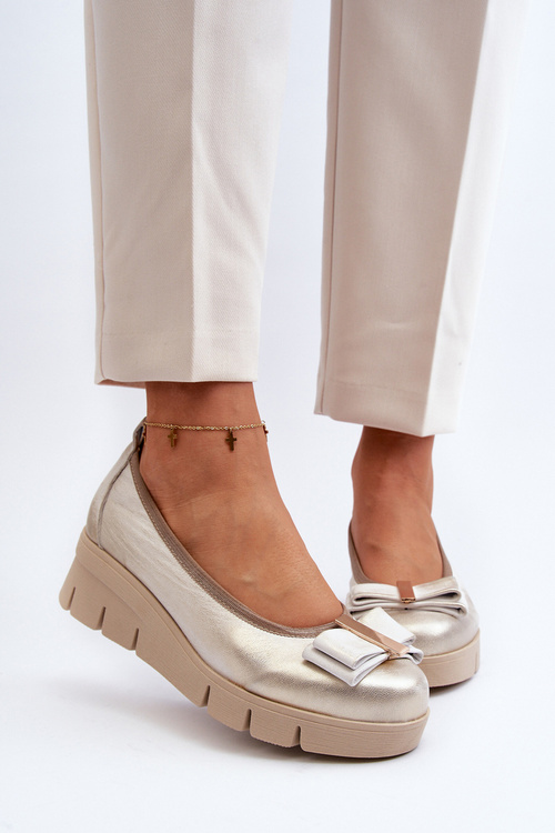 Baleriny Skórzane Na Platformie Z Ozdobą Złote Lewski 3384