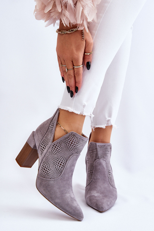 Ażurowe Zamszowe Botki Na Obcasie Szare Leanna