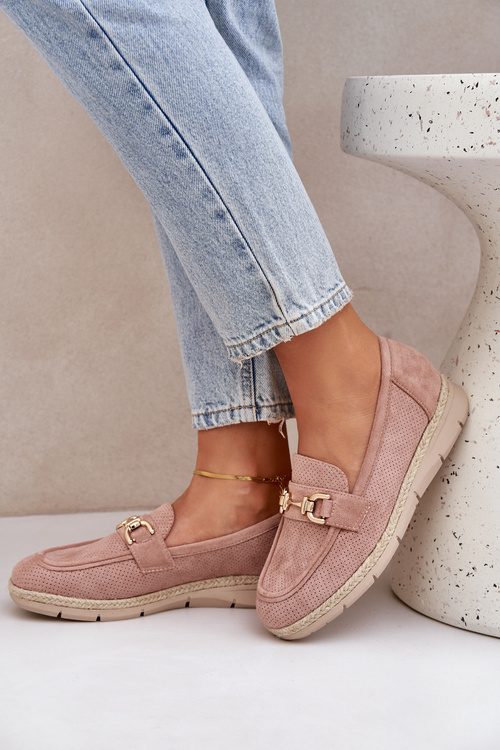 Ażurowe Mokasyny Ze Złotym Detalem I Jutową Plecionką Różowe Lainer