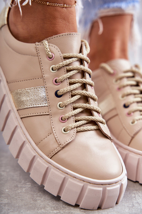 Damskie Skórzane Buty Sportowe Wiązane Beżowo-Złote Ariva