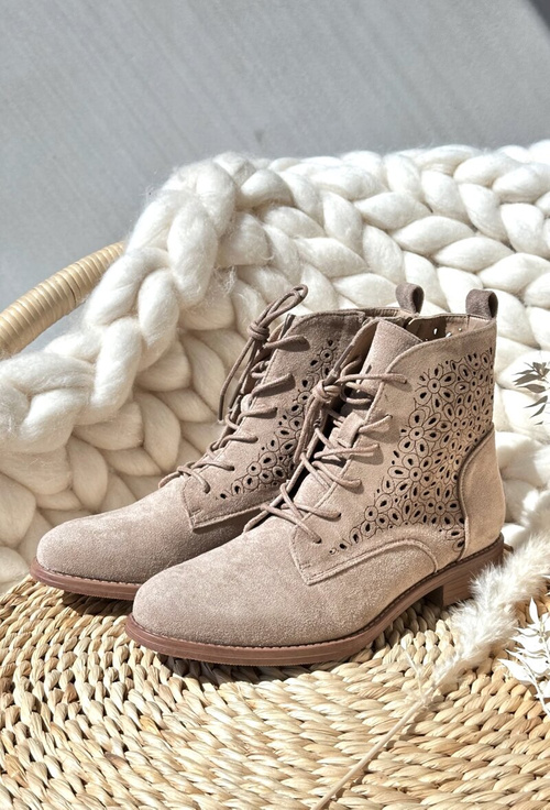 S.Barski HY66-136 Damskie Botki Ze Wzorem Jasnobeżowe