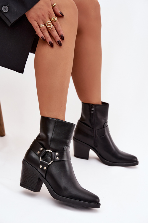 Ocieplane Botki Damskie Na Słupku Z Ozdobnym Elementem Czarne Jurelle