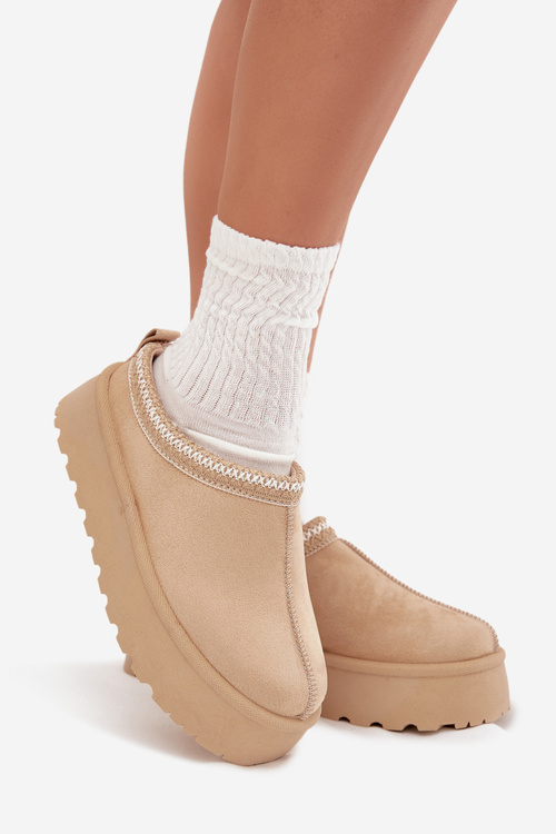 Niskie Śniegowce Damskie Z Haftem Na Platformie Jasnobeżowe Narirya