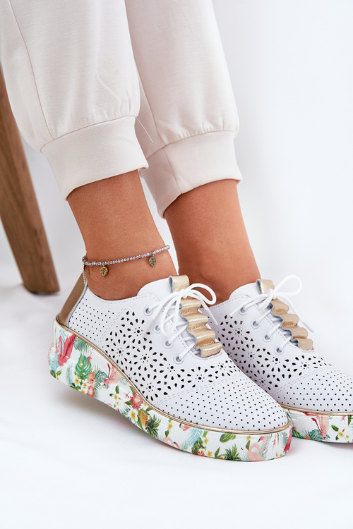 Skórzane Półbuty Damskie Na Koturnie Artiker 56C1800 Biało-Złote