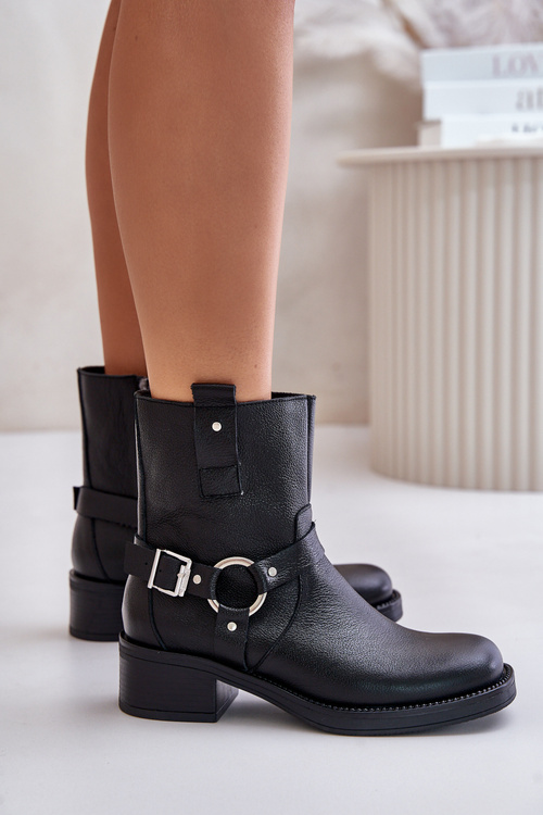 Zazoo 60480 Skórzane Botki Na Niskim Obcasie Ocieplane Czarne