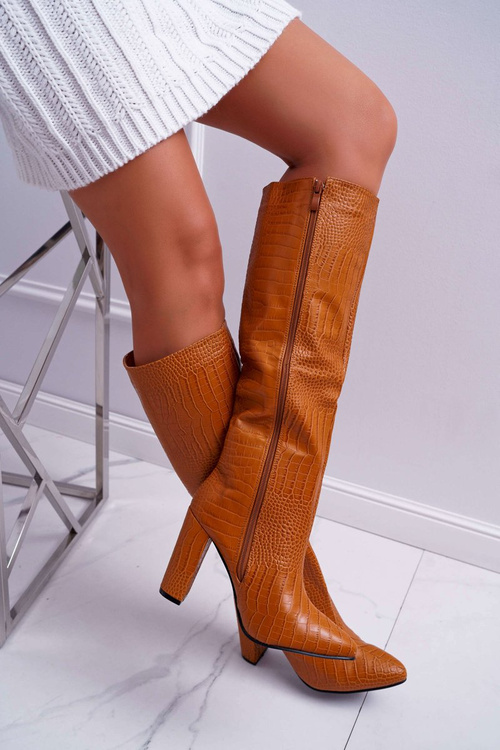 Kozaki Damskie Na Słupku Skóra Węża Camel Aduan