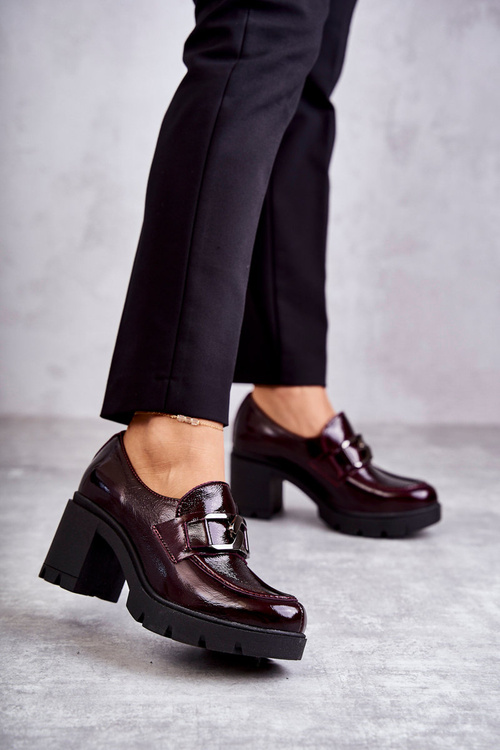 Eleganckie Półbuty Na Słupku Ze Srebrną Ozdobą Bordowe Harmell