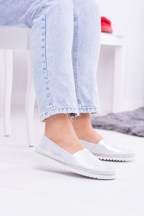 Damskie Srebrne Skórzane Slip On Frela