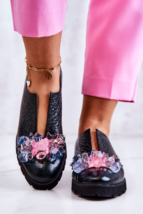 Eleganckie Skórzane Półbuty Z Ozdobą Ciemnozielone Cindy