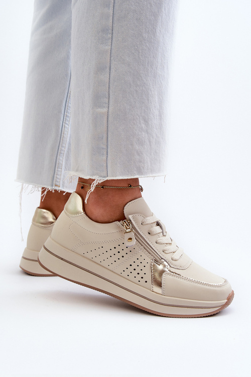 Damskie Skórzane Sneakersy Na Platformie Beżowe Ligustra