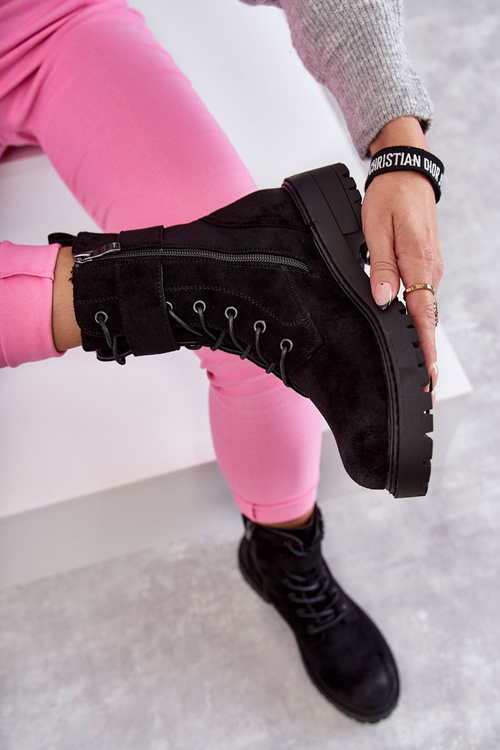 Damskie Botki Zamszowe Sznurowane Na Płaskim Obcasie Czarne Firmina