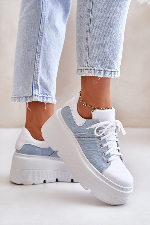 Skórzane Sneakersy Na Masywnej Platformie Jeansowe Lewski 3586 Białe