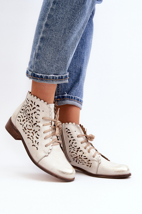 Zazoo 2871 Ażurowe Botki Damskie Sznurowane Złote Przecierane