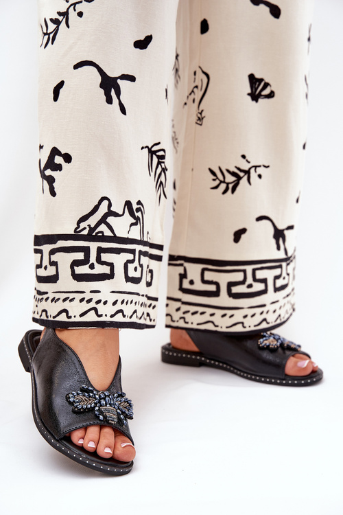 Połyskujące Sandały Damskie Z Ozdobą Płaskie Czarne Russona